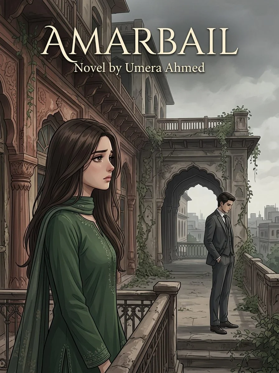 Amarbail Urdu novel by Umera Ahmed, cover art showing Aleezay and Umer apart in a colonial courtyard