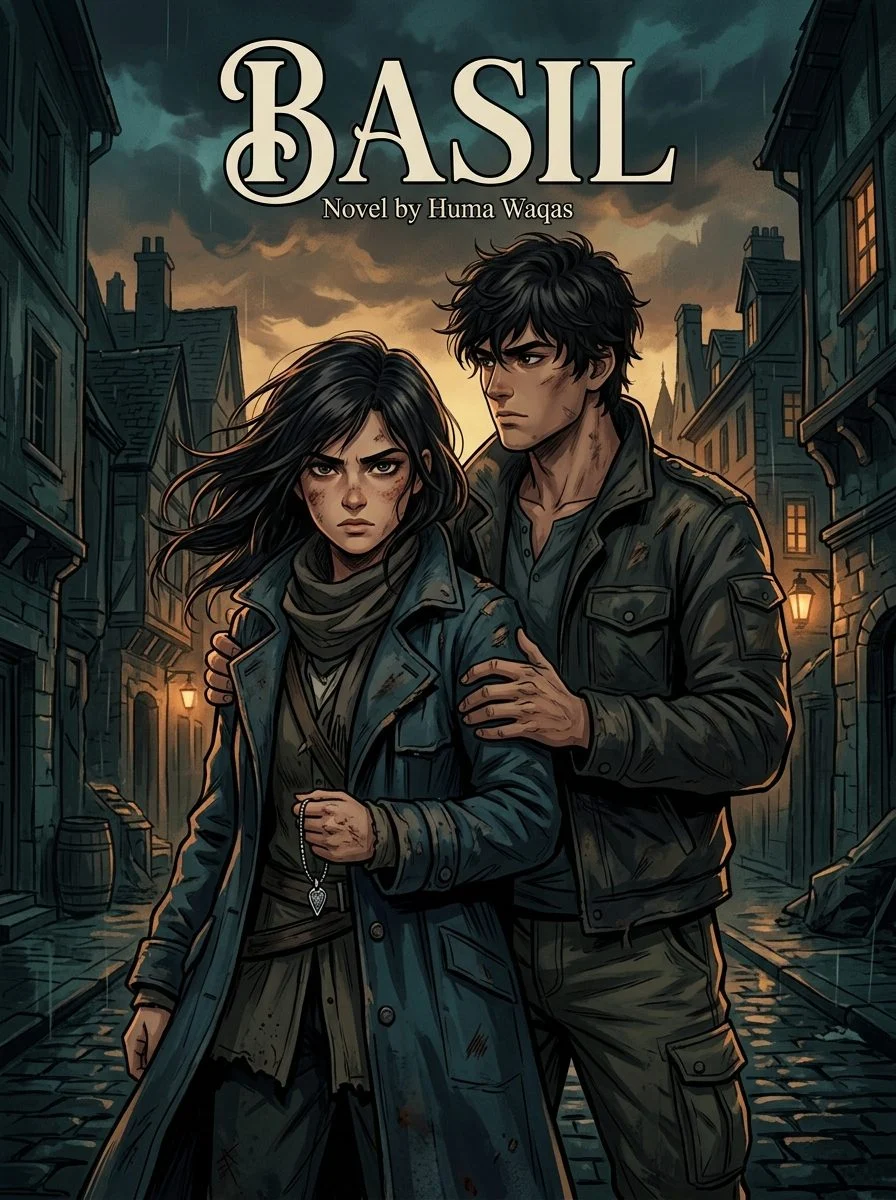 Basil Urdu novel by Huma Waqas, cover art showing Basil and Duraan in a dark alley