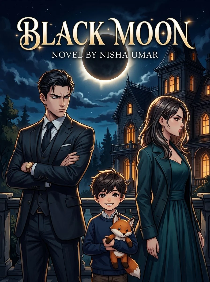Black Moon Urdu novel by Nisha Umar, cover art showing Usaam, Ushwa and Abaan before a mansion