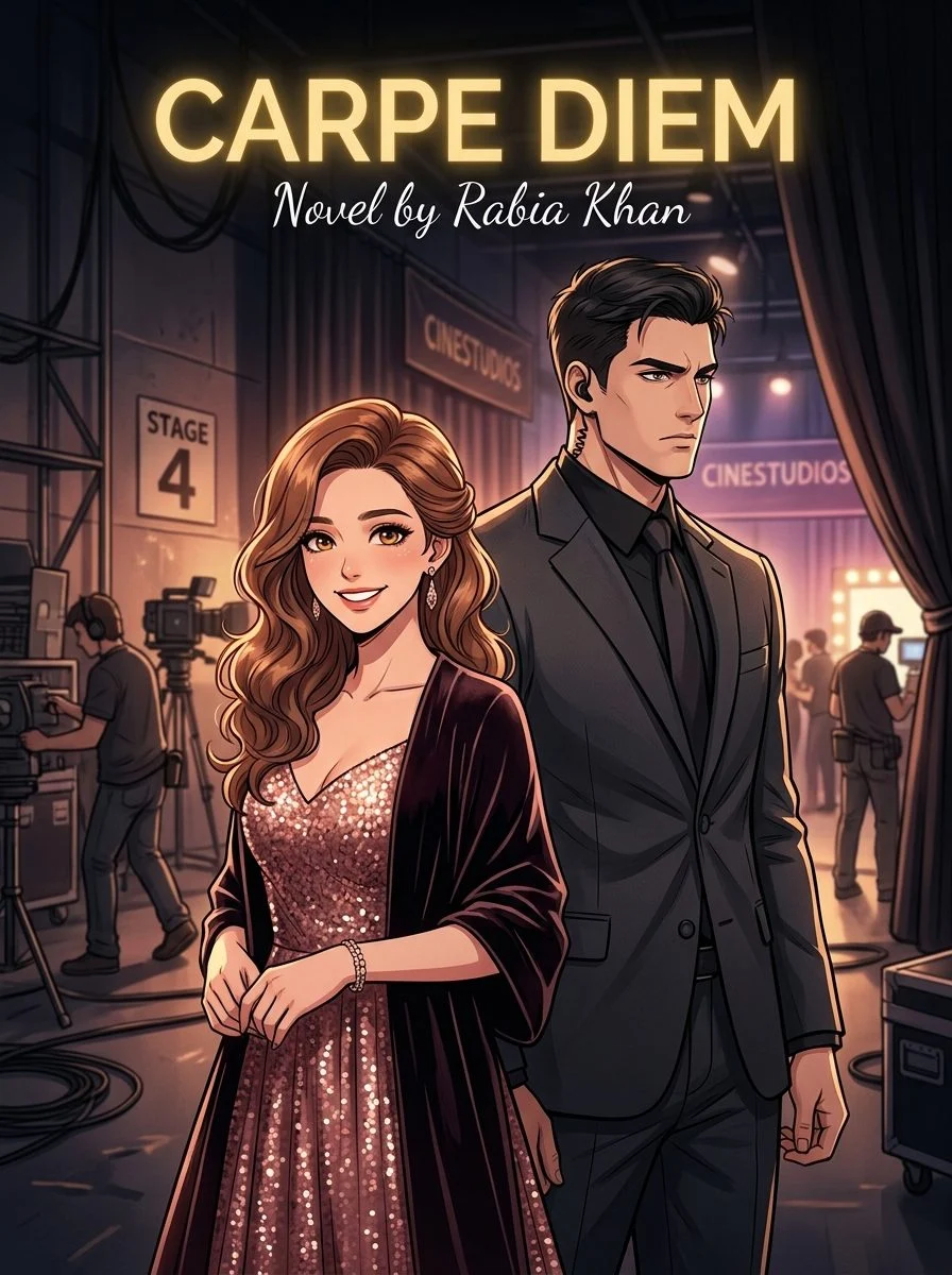 Carpe Diem Urdu novel by Rabia Khan, cover art showing the actress and her bodyguard on a film set