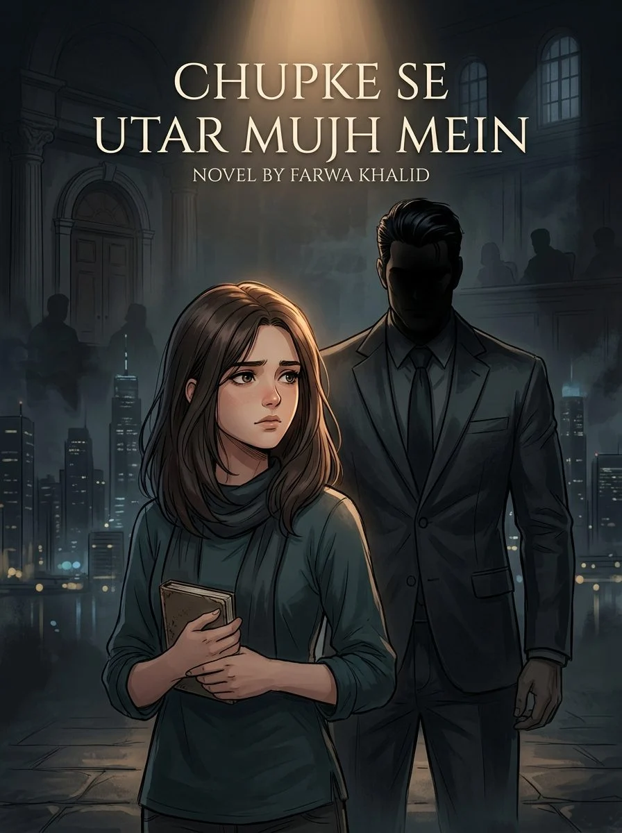 Chupke Se Utar Mujh Mein Urdu novel by Farwa Khalid, cover art showing Arzish with a shadowed figure behind her
