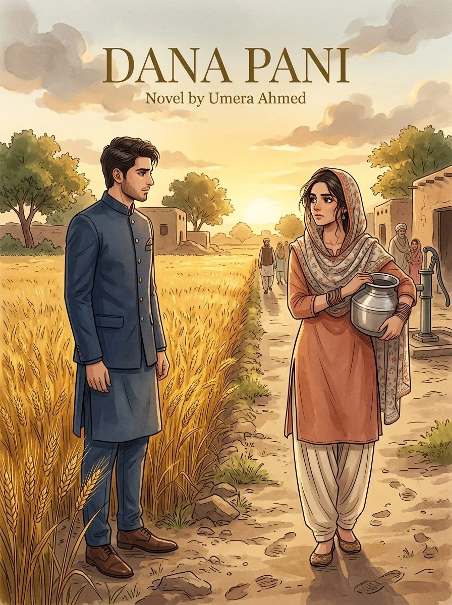 Dana Pani Urdu novel by Umera Ahmed, cover art showing the villagers at the edge of the wheat fields