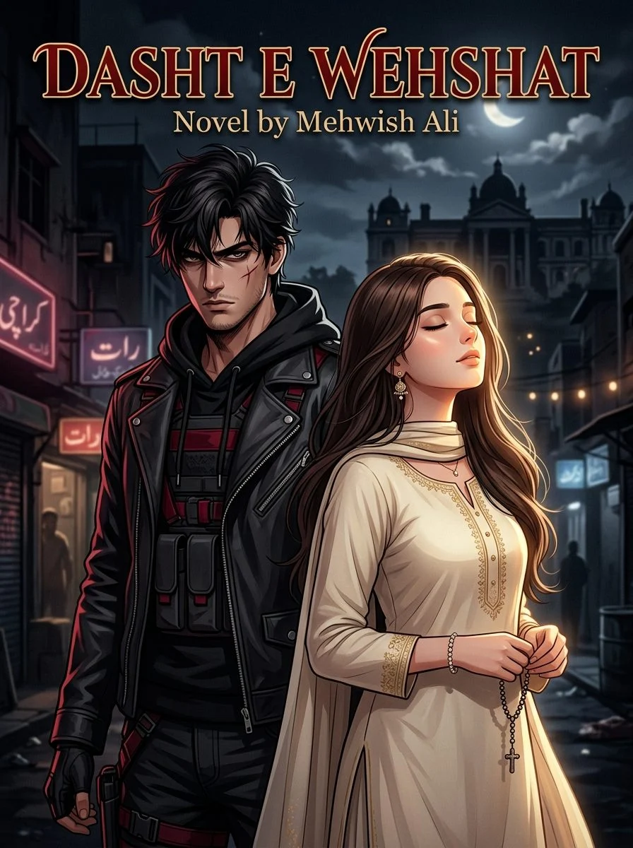 Dasht E Wehshat Urdu novel by Mehwish Ali, cover art showing the gangster behind the blind heroine in a night street