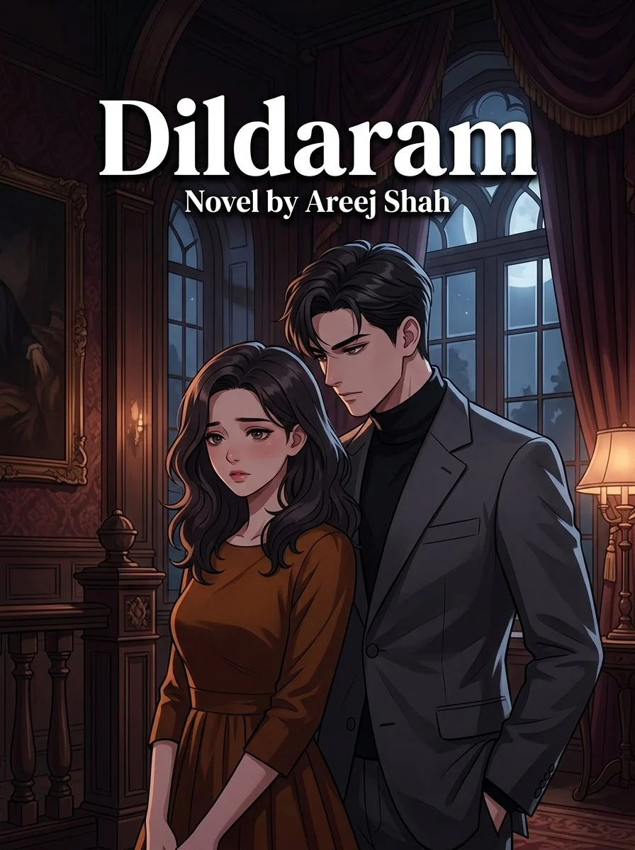 Dildaram Urdu novel by Areej Shah, cover art showing the couple in a candlelit drawing room
