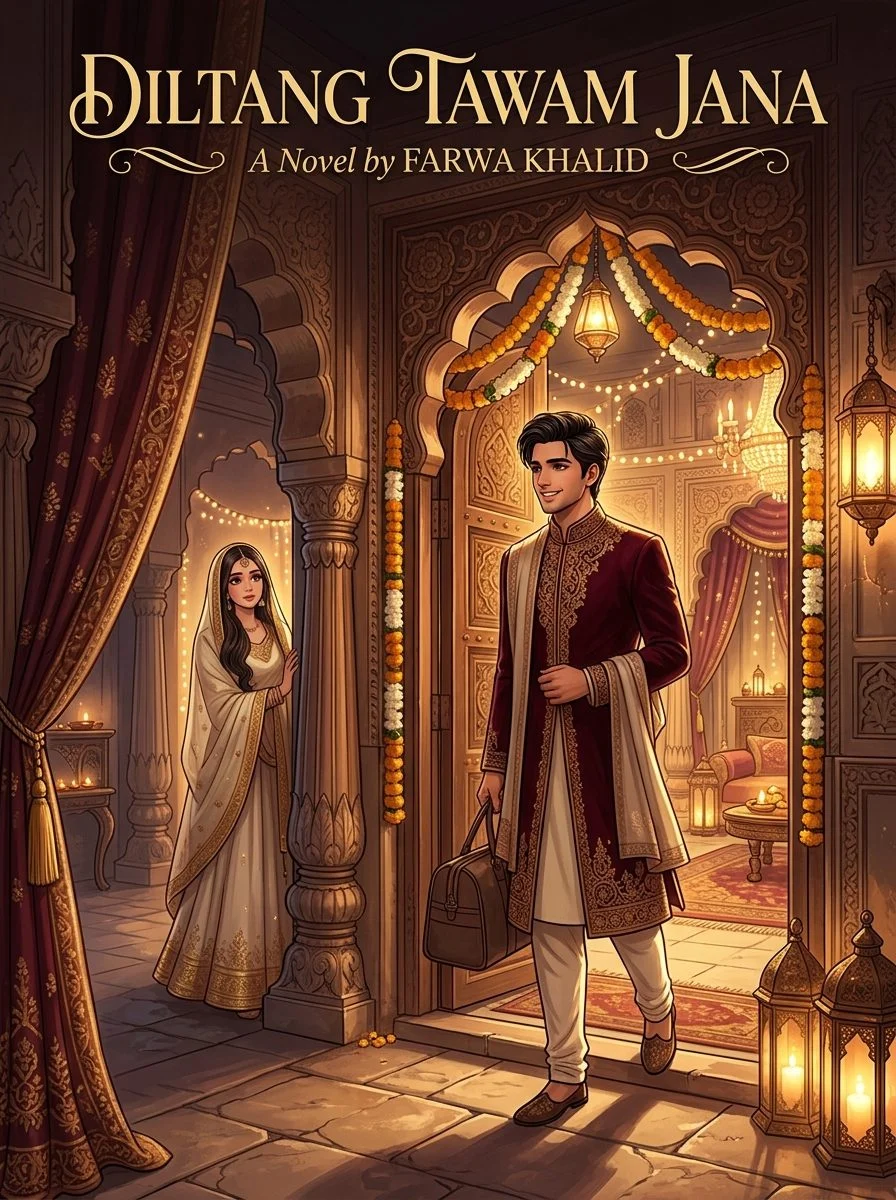 Diltang Tawam Jana Urdu novel by Farwa Khalid, cover art showing the heir returning to the decorated Syed haveli