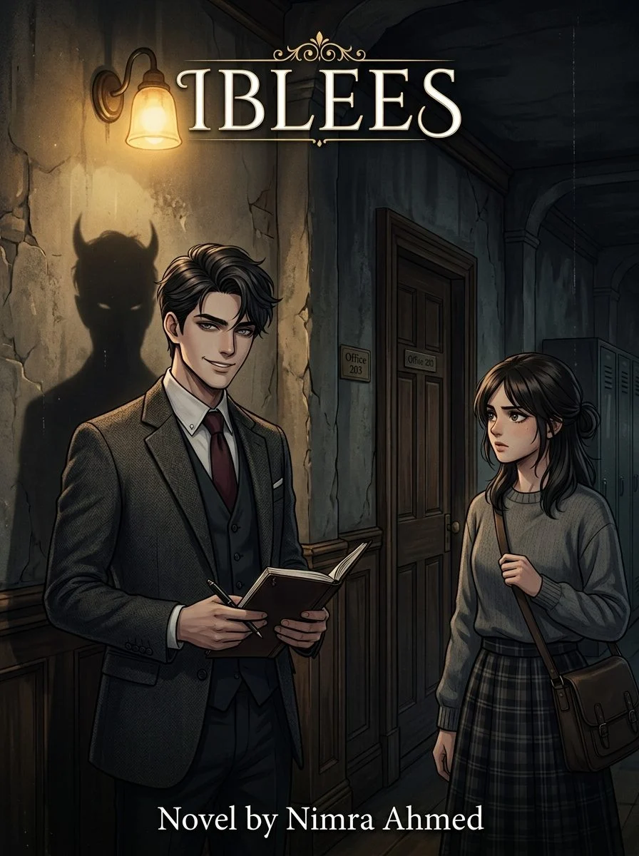 Iblees Urdu novel by Nimra Ahmed, cover art showing the professor with a shadow behind him and a wary student