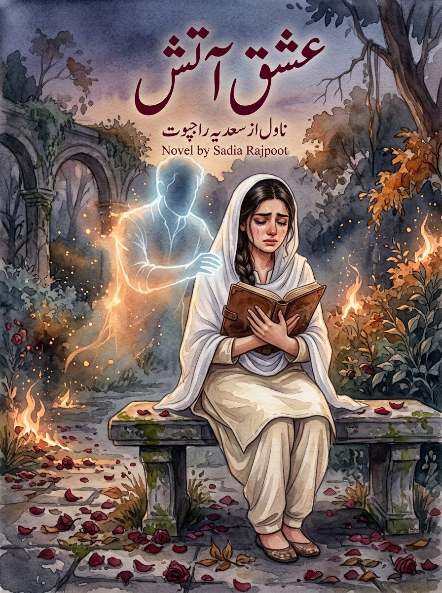 Ishq Atish Urdu novel by Sadia Rajpoot, cover art showing Maleeha reading the diary that carries the story