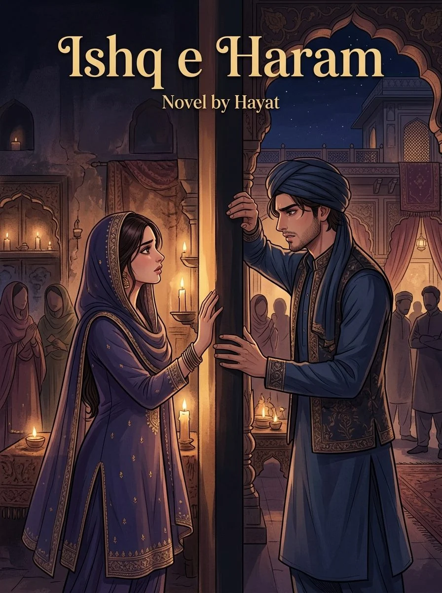 Ishq e Haram Urdu novel by Hayat Sikandar, cover art showing Areeba and Zaroon parted by a doorway