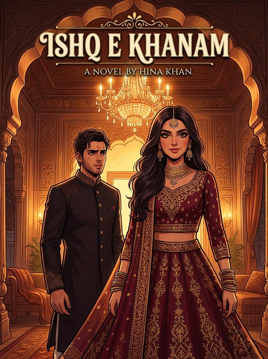 Ishq e Khanam Urdu novel by Hina Khan, cover art showing the couple in a chandelier-lit hall