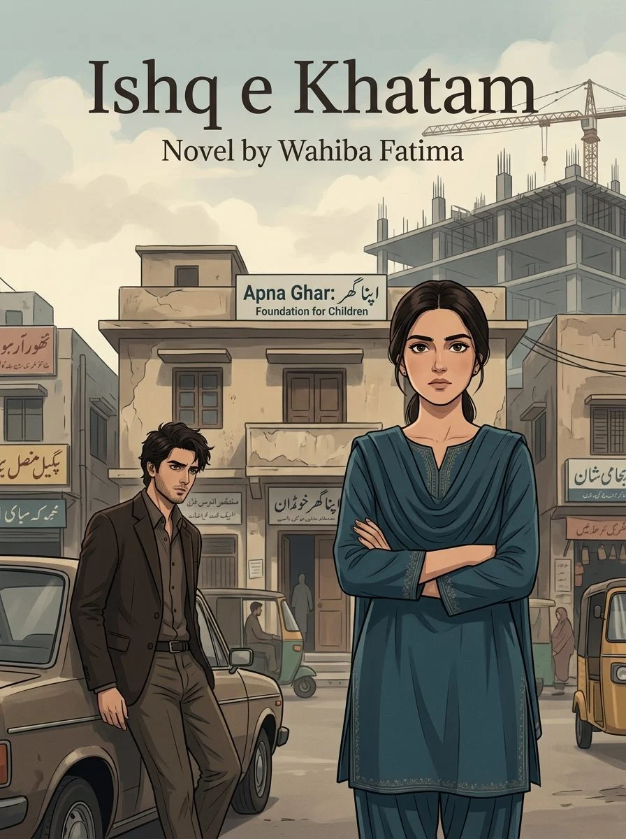 Ishq e Khatam Urdu novel by Wahiba Fatima, cover art showing Ayat standing before the Apna Ghar foundation