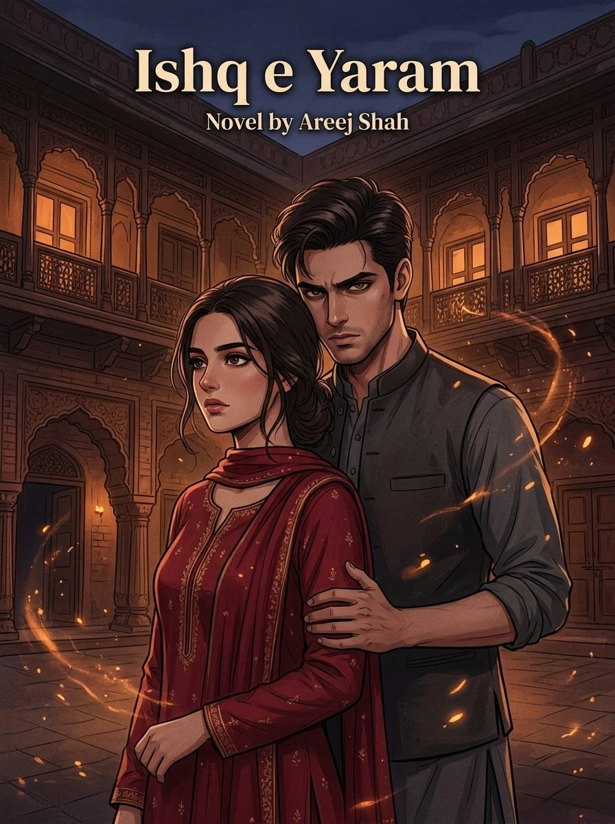 Ishq e Yaram Urdu novel by Areej Shah, cover art showing the couple in a lamplit haveli courtyard