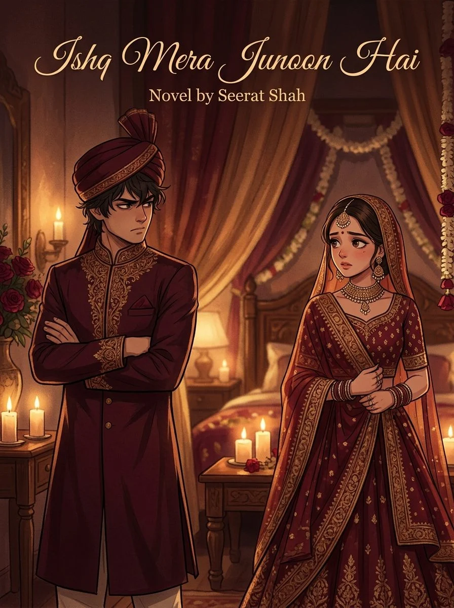 Ishq Mera Junoon Hai Urdu novel by Seerat Shah, cover art showing Azlan and Minha on their wedding night