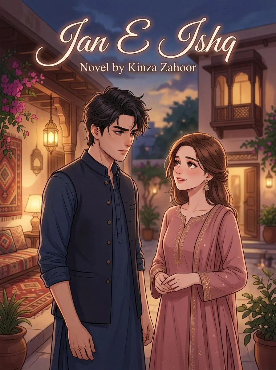 Jan E Ishq Urdu novel by Kinza Zahoor, cover art showing the couple in a lantern-lit street