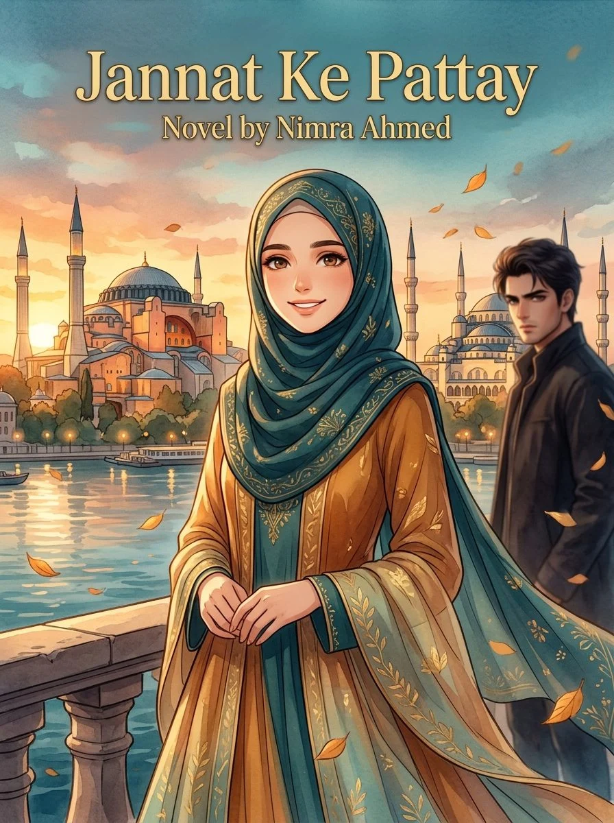 Jannat Ke Pattay Urdu novel by Nimra Ahmed, cover art showing Haya against the Istanbul skyline