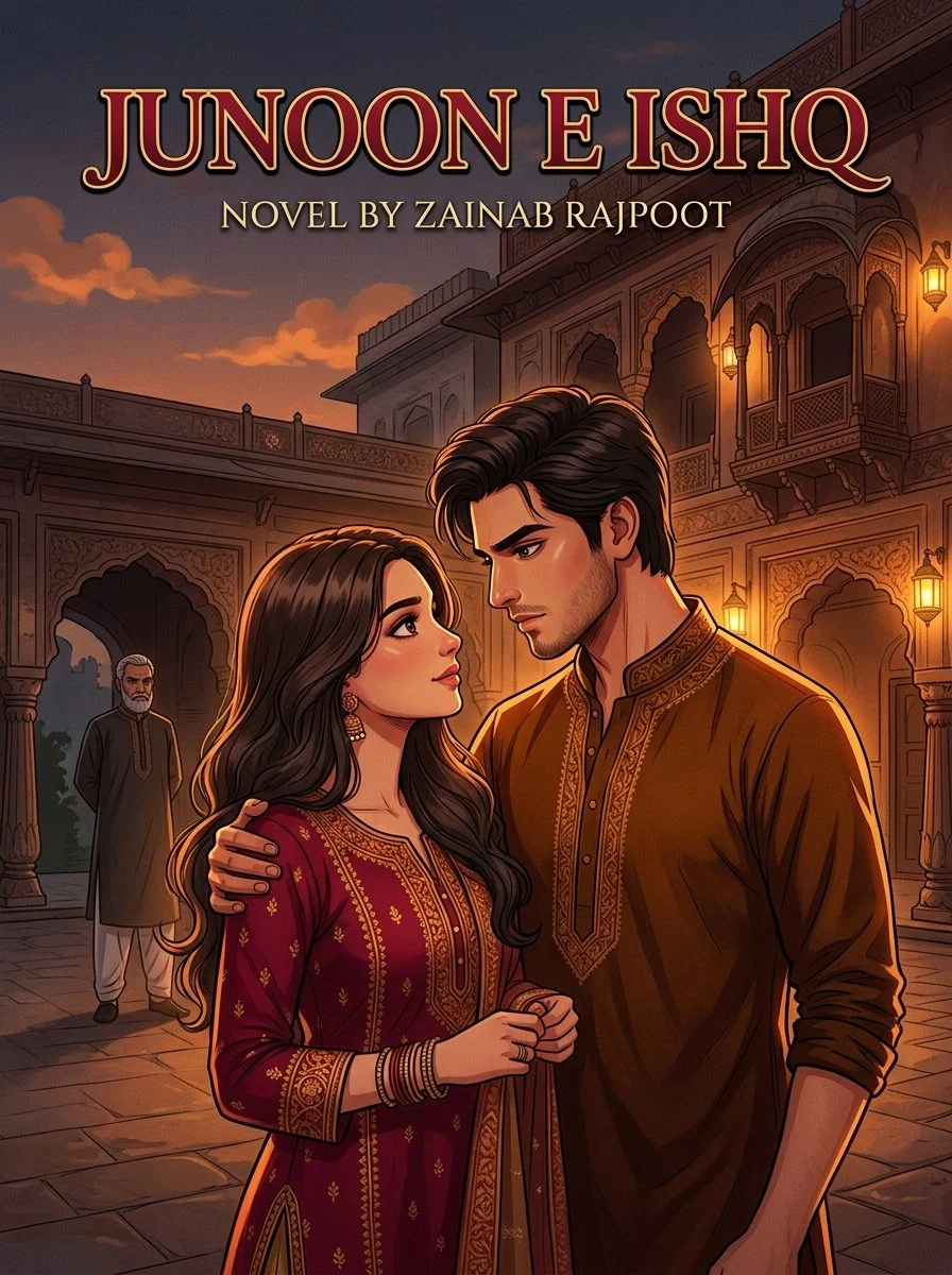 Junoon E Ishq Urdu novel by Zainab Rajpoot, cover art showing the couple in a lamplit courtyard