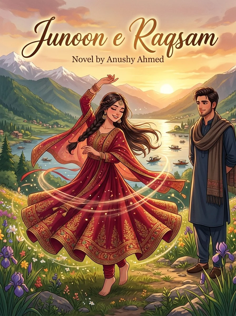 Junoon e Raqsam Urdu novel by Anushy Ahmed, cover art showing Alia dancing in a Kashmir valley at sunset