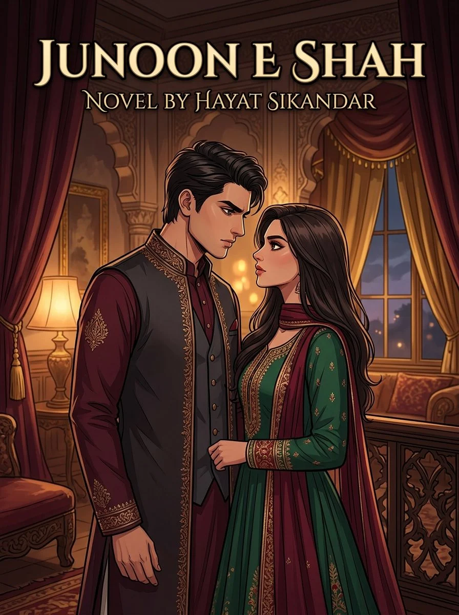Junoon E Shah Urdu novel by Hayat Sikandar, cover art showing the couple facing each other in a red drawing room