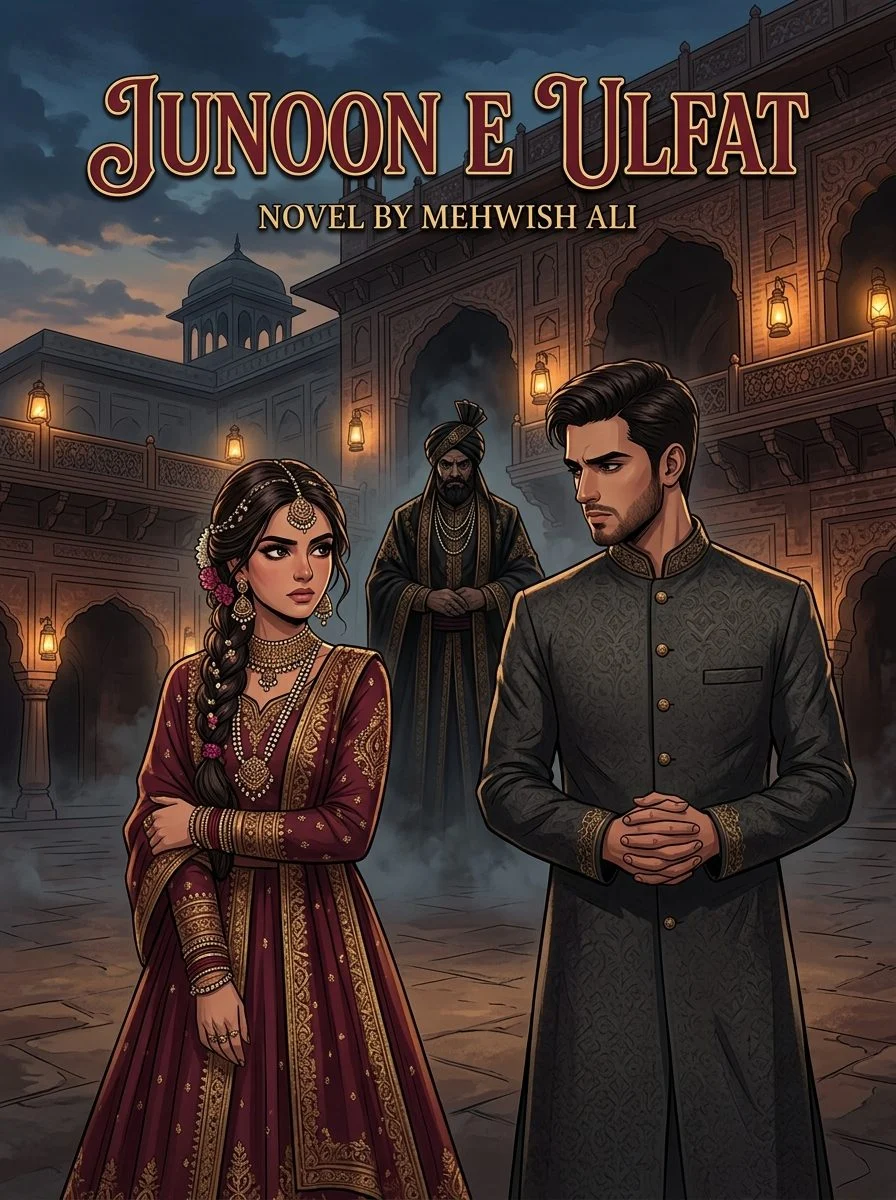 Junoon e Ulfat Urdu novel by Mehwish Ali, cover art showing the couple before a feudal haveli