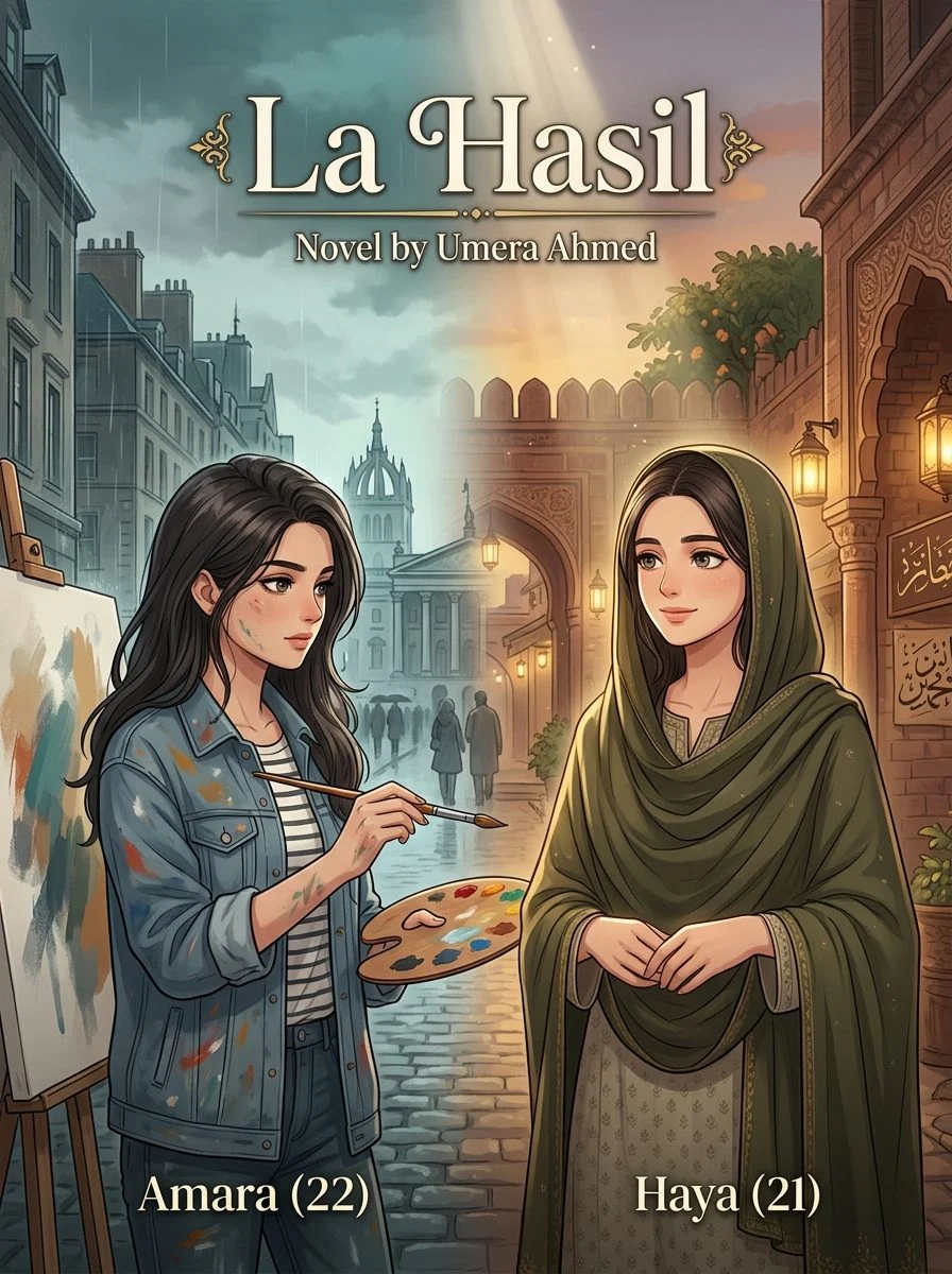 La Hasil Urdu novel by Umera Ahmed, cover art showing Amara and Haya on either side of a divided street