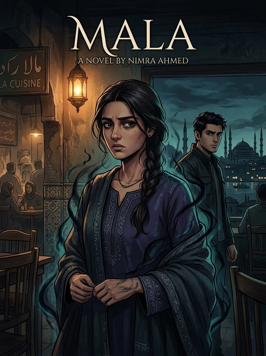 Mala Urdu novel by Nimra Ahmed, cover art showing Kashmala at night with Mahir behind her