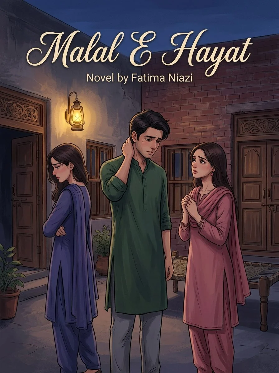 Malal E Hayat Urdu novel by Fatima Niazi, cover art showing the cousins caught between love and resentment