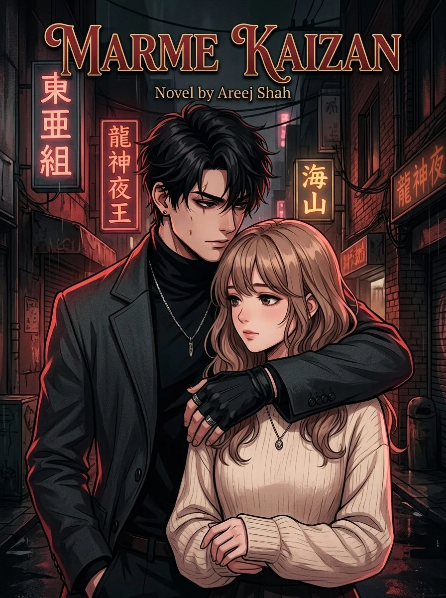 Marme Kaizan Urdu novel by Areej Shah, cover art showing the gangster hero behind the heroine in a neon street