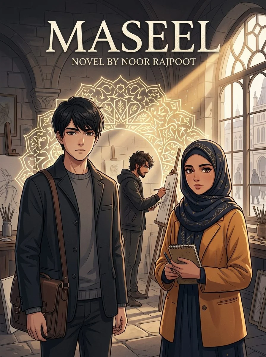 Maseel Urdu novel by Noor Rajpoot, cover art showing Haad and Emaan in a sunlit studio