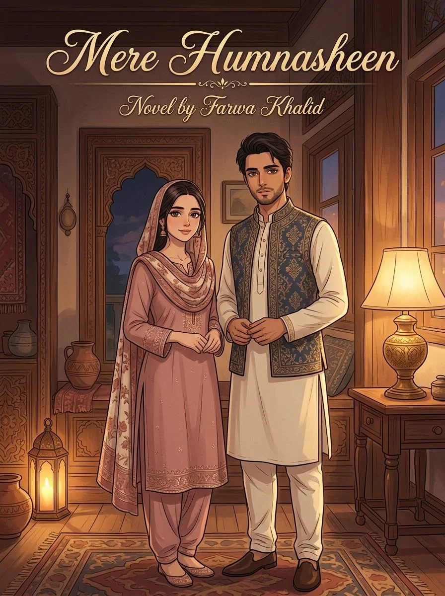 Mere Humnasheen Urdu novel by Farwa Khalid, cover art showing the couple in a warmly lit doorway
