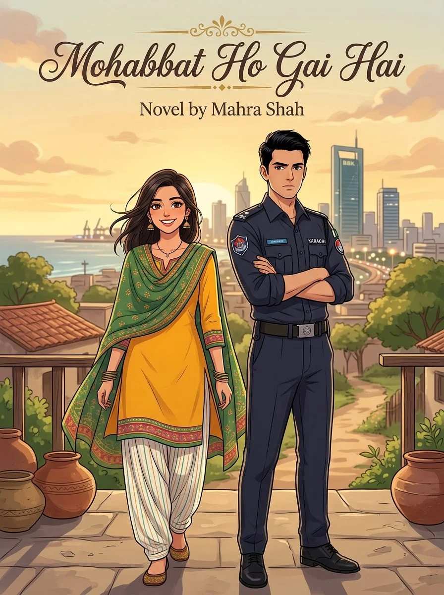 Mohabbat Ho Gai Hai Urdu novel by Mahra Shah, cover art showing Aabir and Murtaza with Karachi behind them