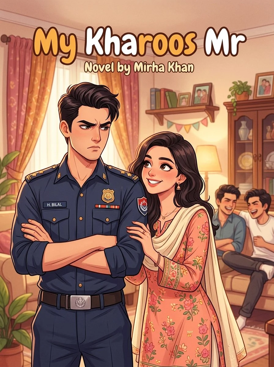My Kharoos Mr Urdu novel by Mirha Khan, cover art showing a grumpy officer and a smiling heroine at home
