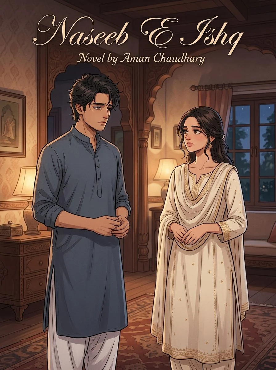 Naseeb E Ishq Urdu novel by Aman Chaudhary, cover art showing Abbas Mirza and the heroine in a lamplit room