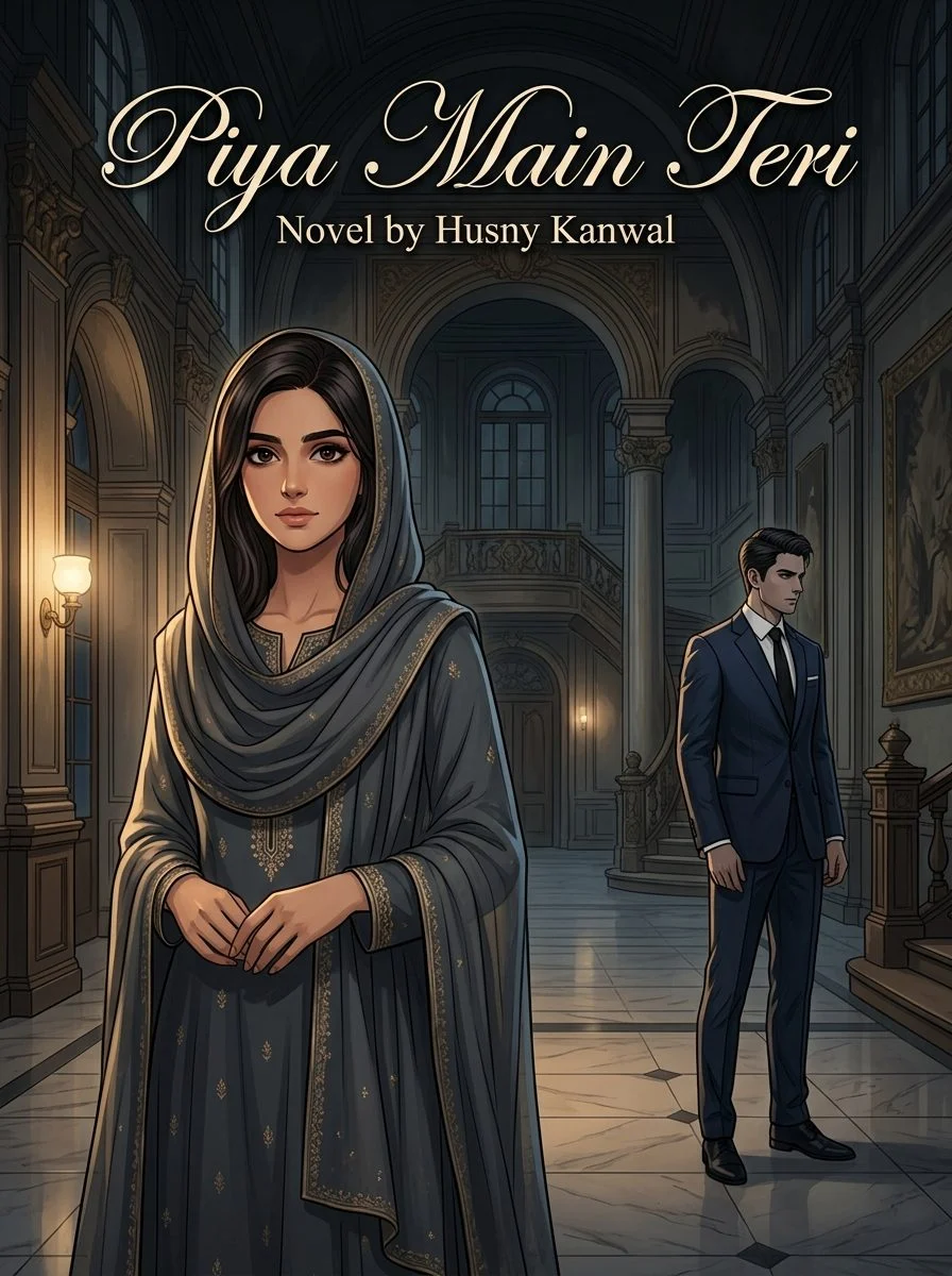 Piya Main Teri Urdu novel by Husny Kanwal, cover art showing the heroine alone in a mansion hallway