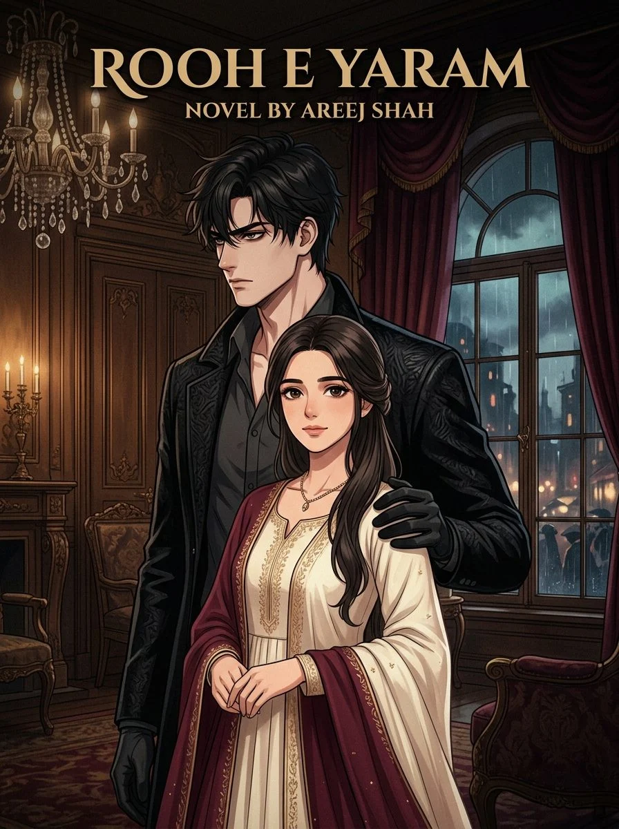 Rooh E Yaram Urdu novel by Areej Shah, cover art showing the cold hero holding the heroine in a candlelit room