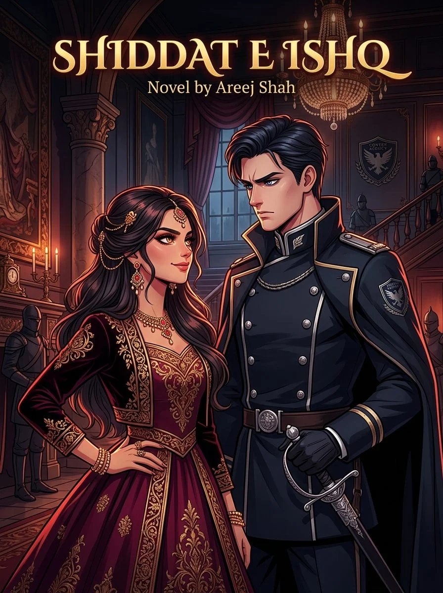 Shiddat E Ishq Urdu novel by Areej Shah, cover art showing the heroine in red beside the uniformed hero