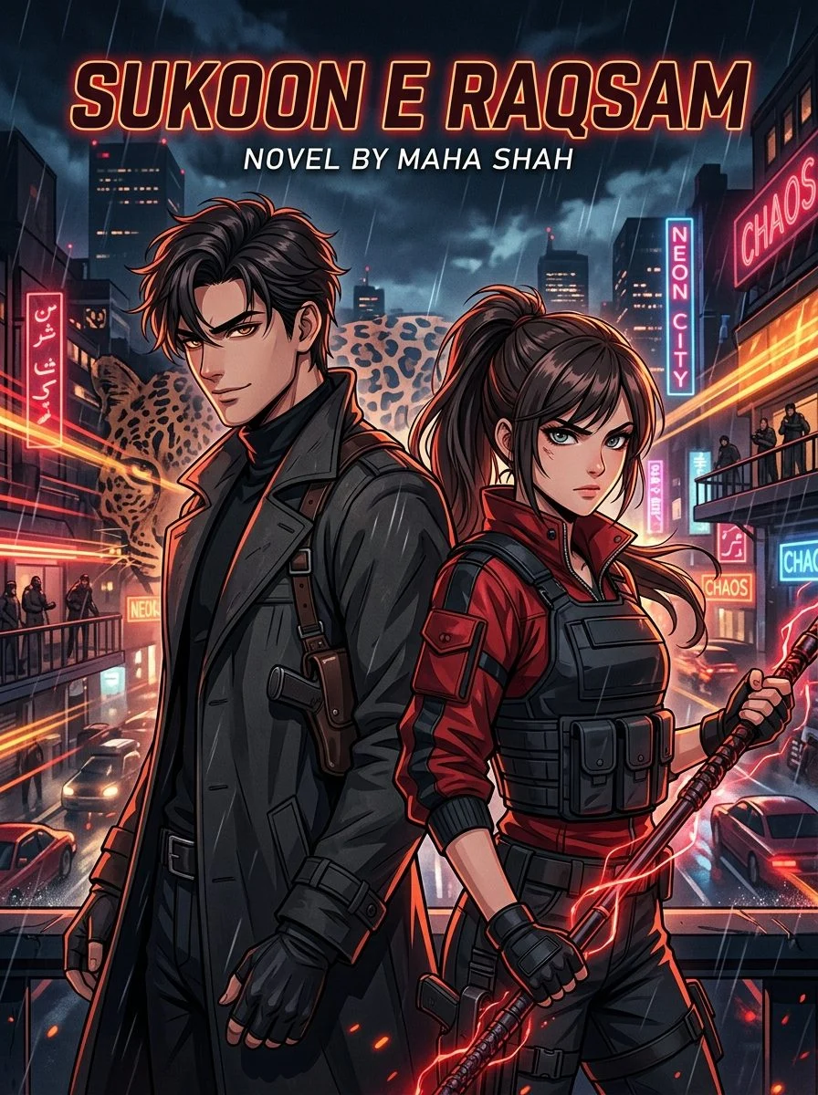 Sukoon e Raqsam Urdu novel by Maha Shah, cover art showing Saim and Mehak back to back in a neon city