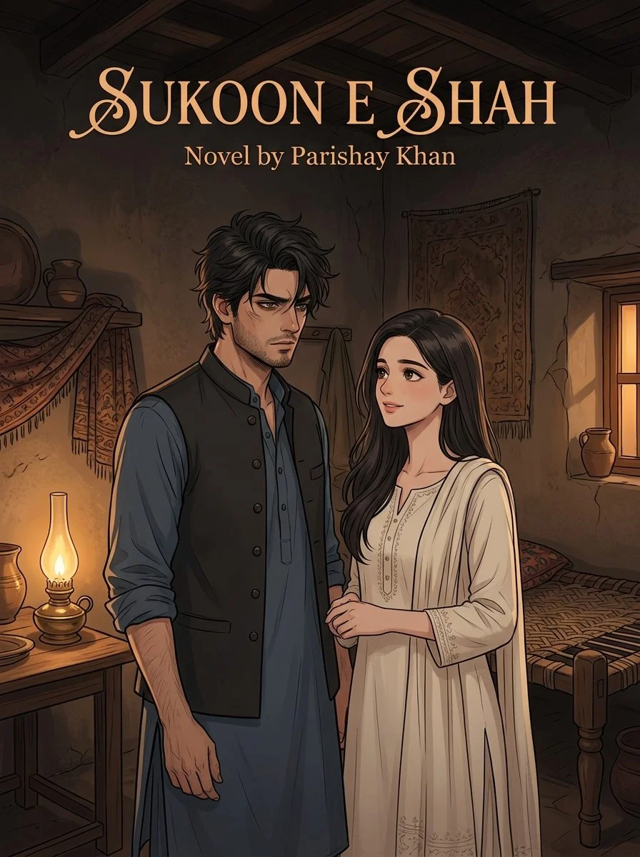 Sukoon E Shah Urdu novel by Parishay Khan, cover art showing Aarish and Nayab in a lamplit room