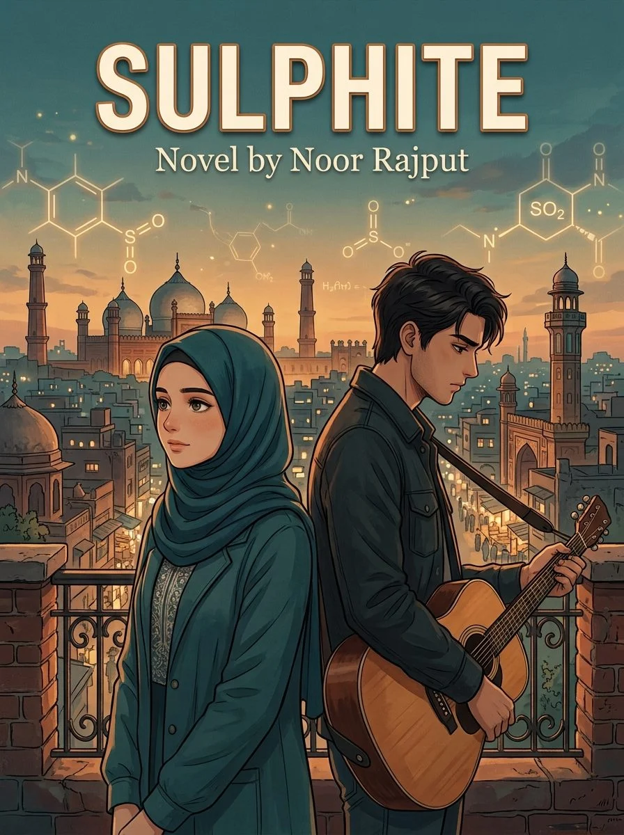 Sulphite Urdu novel by Noor Rajput, cover art showing Hani and RJ with a guitar above a city skyline