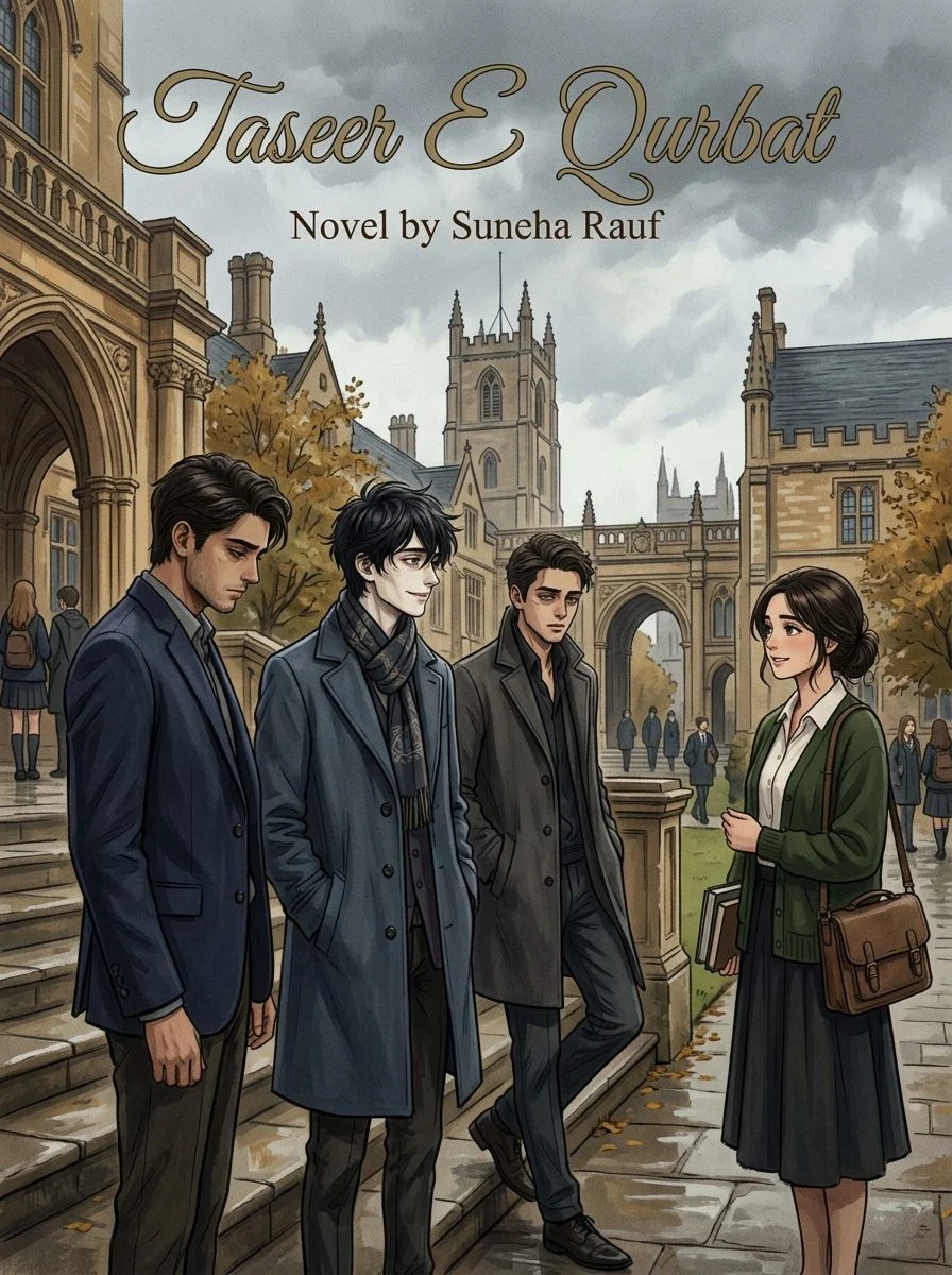 Taseer E Qurbat Urdu novel by Suneha Rauf, cover art showing the three university friends on campus