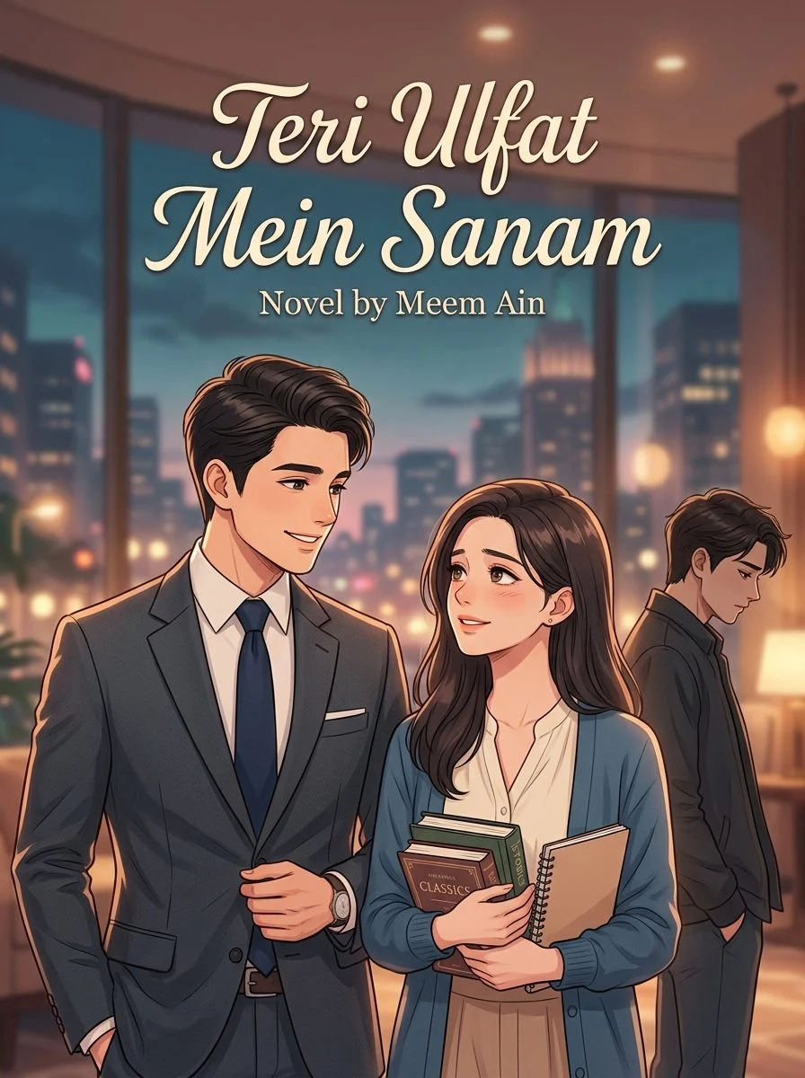 Teri Ulfat Mein Sanam Urdu novel by Meem Ain, cover art showing Mustaqeem and Hareem in a hotel lobby