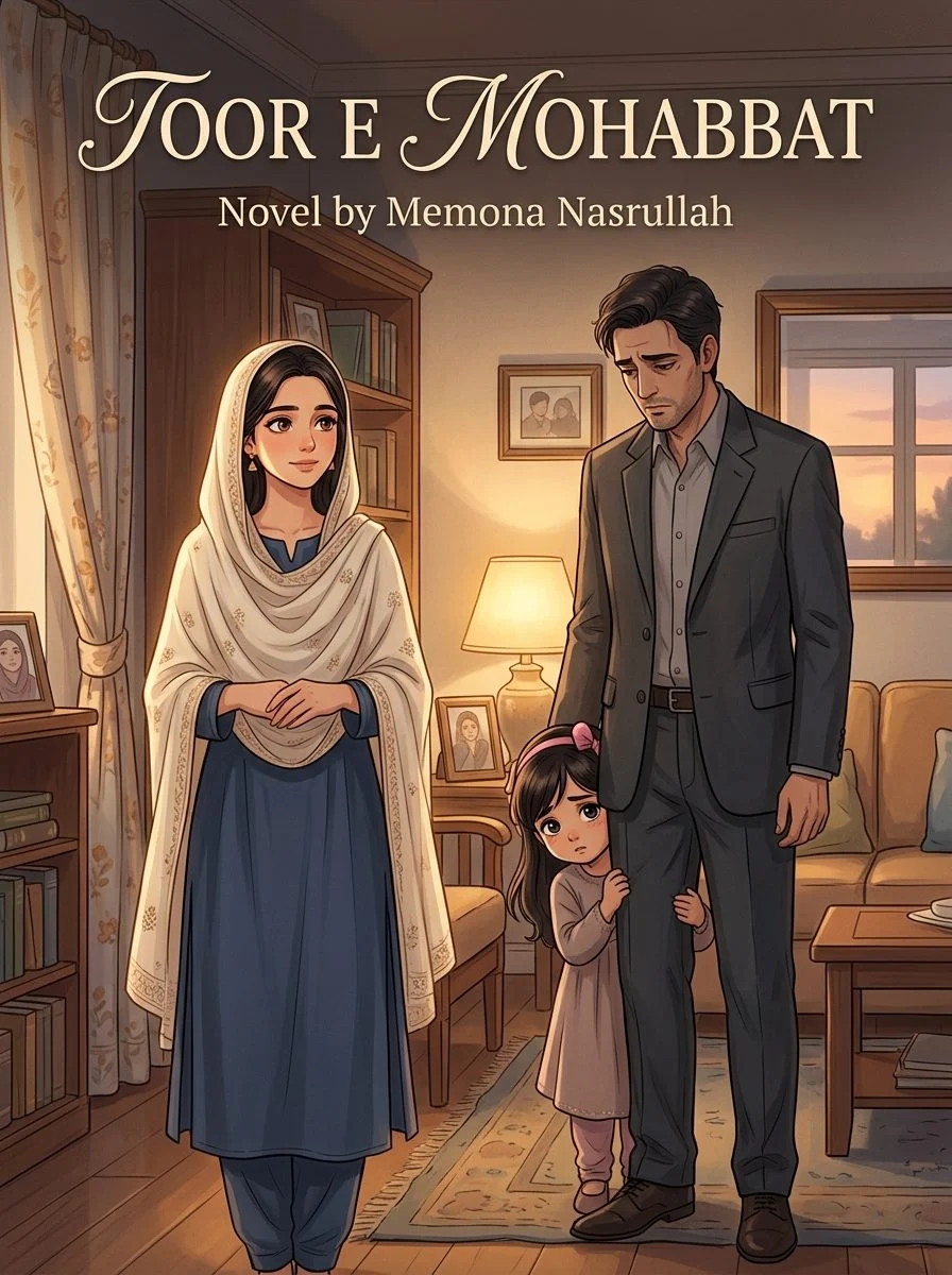 Toor E Mohabbat Urdu novel by Memona Nasrullah, cover art showing Noor Fatima with the widower and his daughter