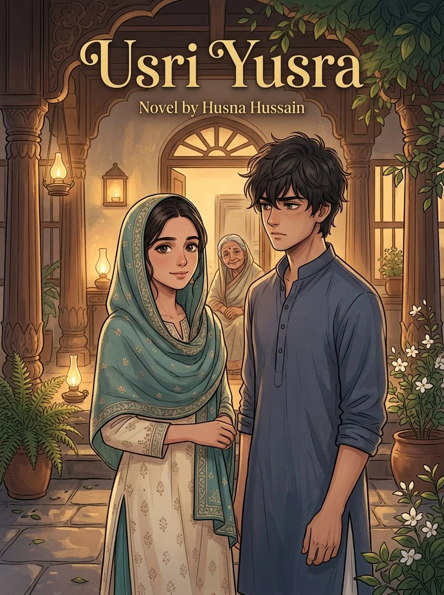 Usri Yusra Urdu novel by Husna Hussain, cover art showing the couple in a courtyard doorway