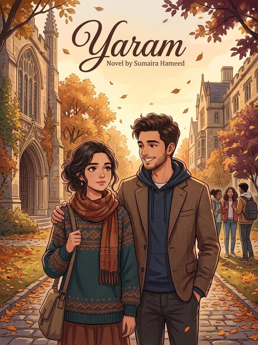 Yaram Urdu novel by Sumaira Hameed, cover art showing Amraha and Aliyan on the Manchester campus in autumn