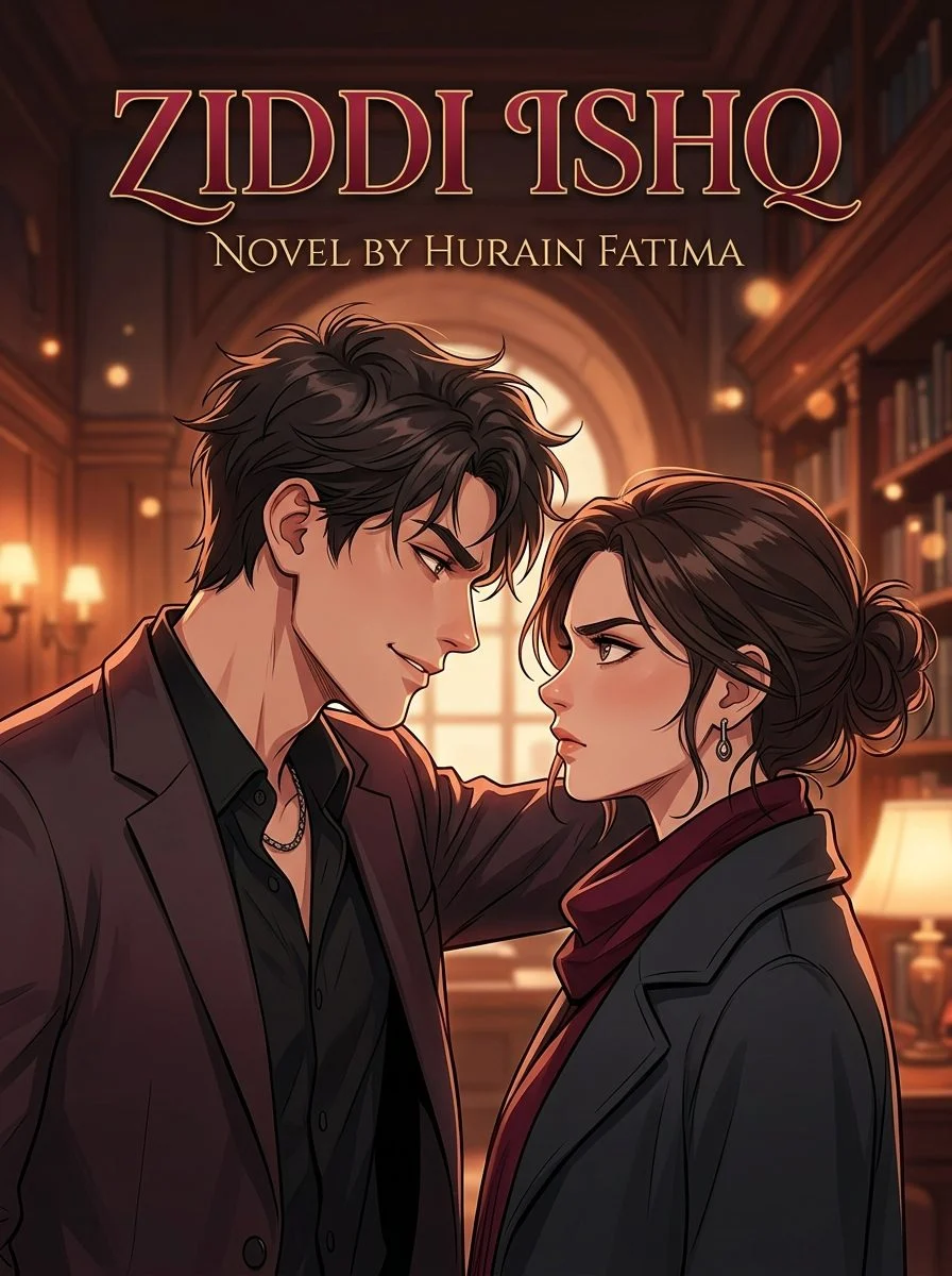 Ziddi Ishq Urdu novel by Hurain Fatima, cover art showing the couple locked in a stare