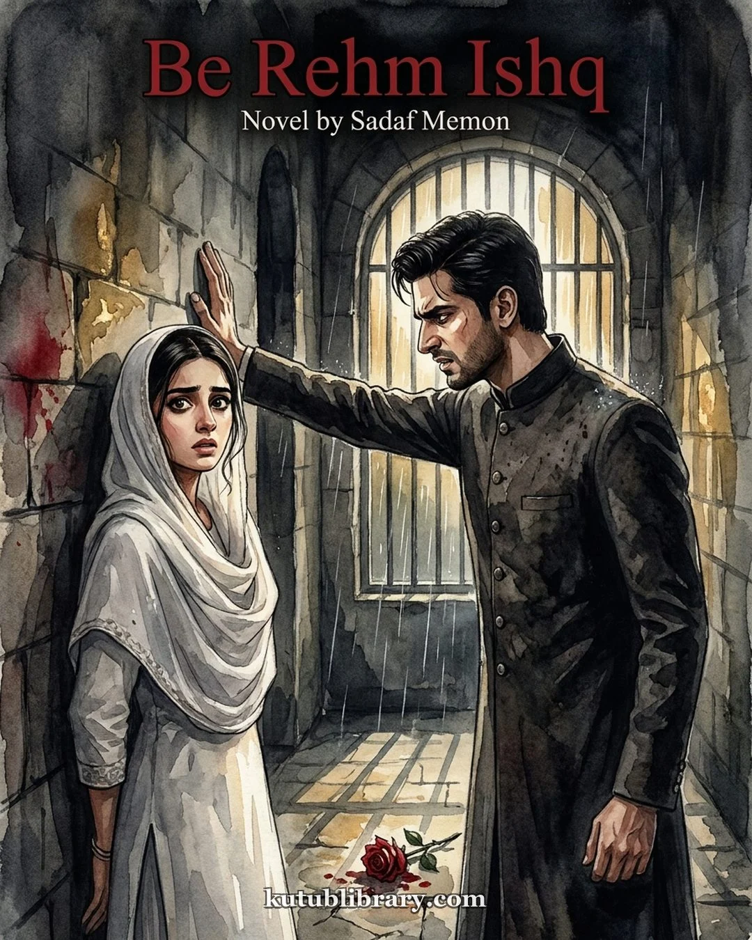 Be Rehm Ishq Urdu novel by Sadaf Memon, cover art showing the tense pursuit between the hero and heroine