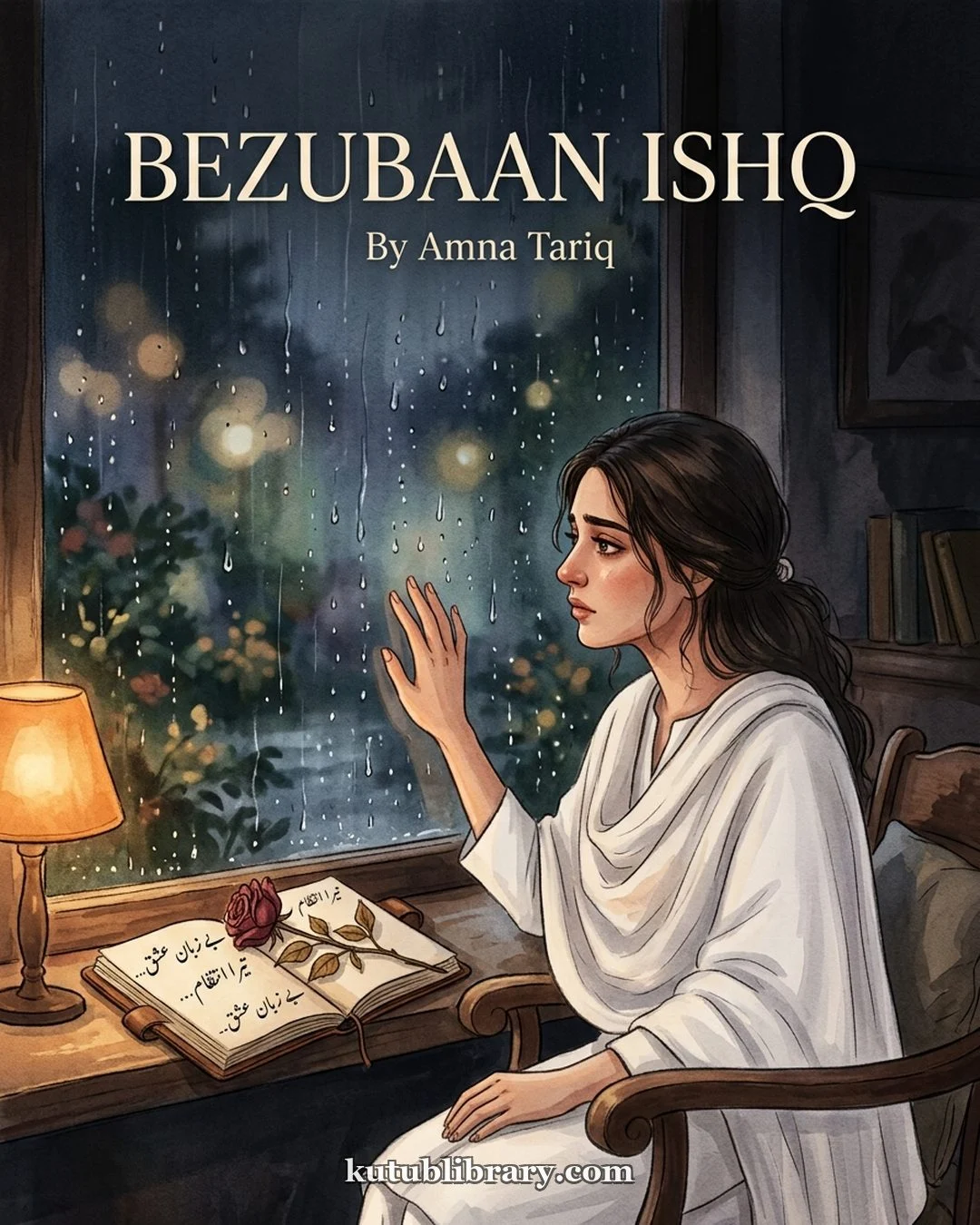 Bezubaan Ishq Urdu novel by Amna Tariq, cover art showing the heroine sitting by a rain-streaked window