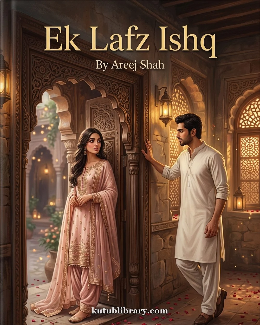 Ek Lafz Ishq Urdu novel by Areej Shah, cover art showing Ayat and Salar standing at a wooden doorway