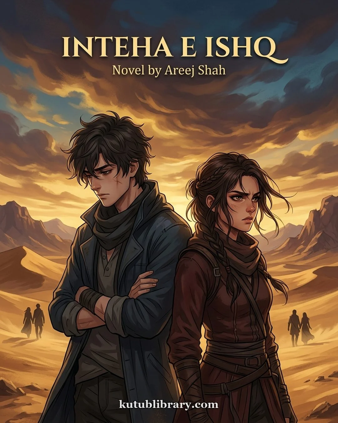Inteha e Ishq Urdu novel by Areej Shah, cover art showing the hero and heroine against a desert sky