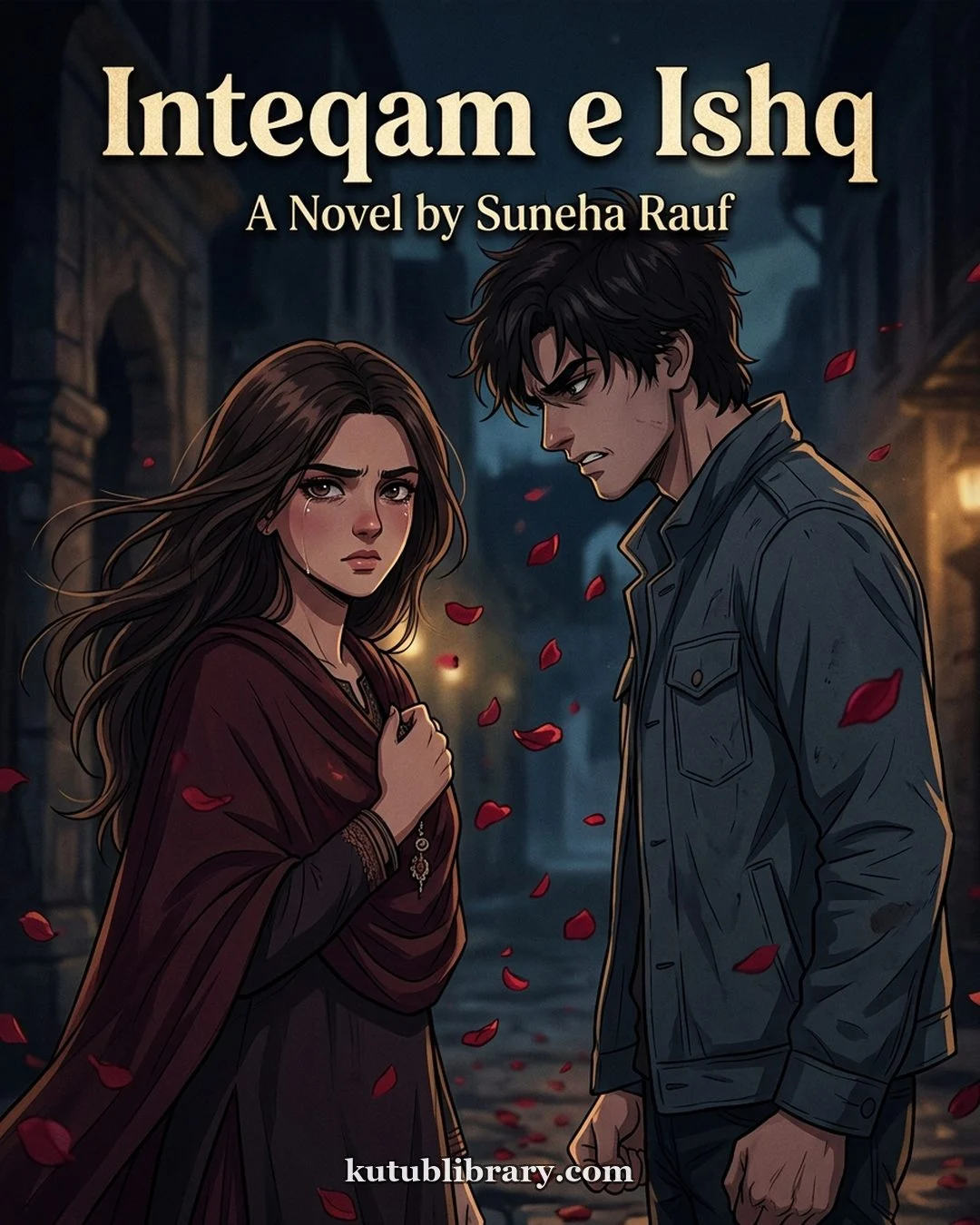 Inteqam e Ishq Urdu novel by Suneha Rauf, cover art showing Zaniyah and Zawiyar standing together