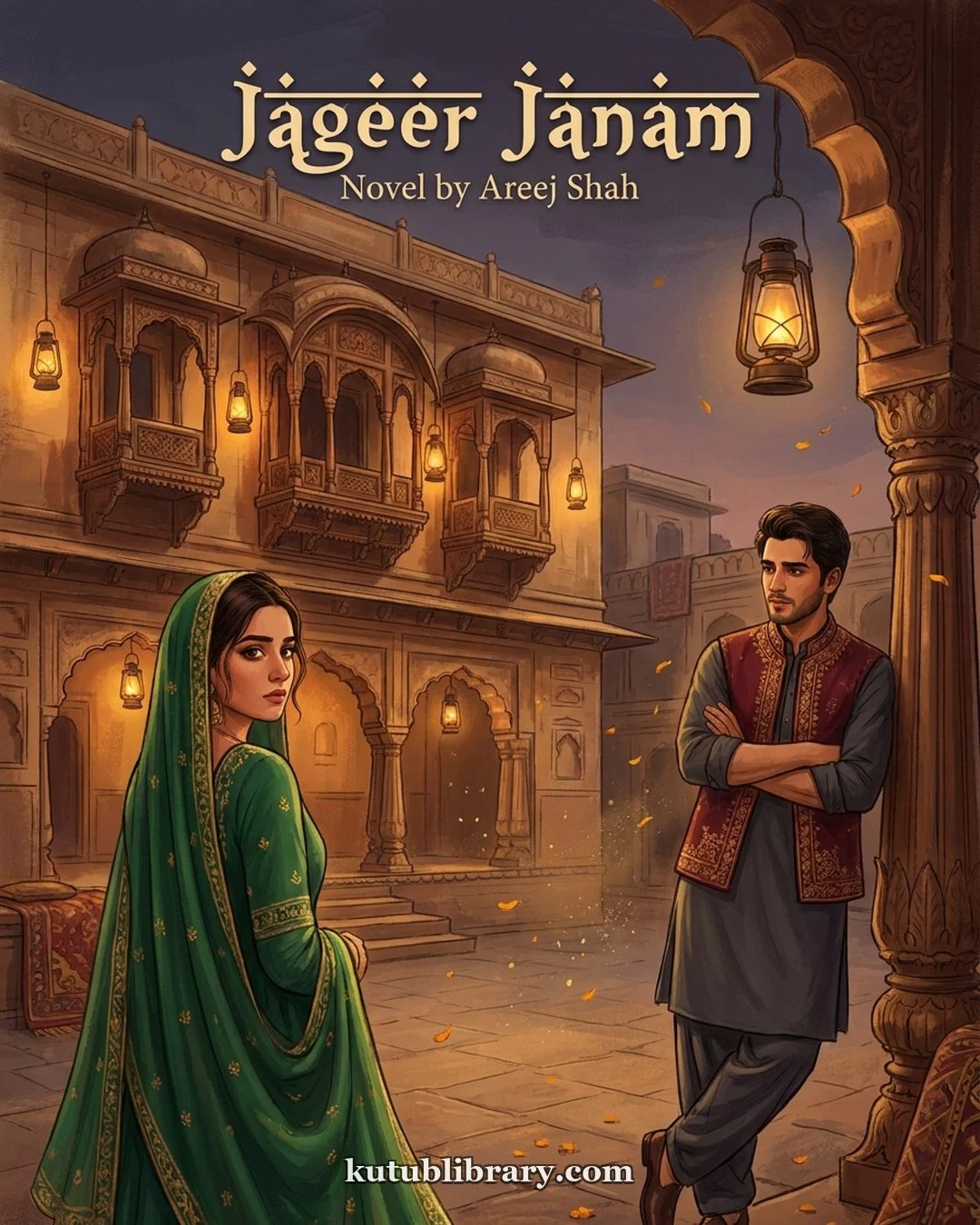 Jageer Janam Urdu novel by Areej Shah, cover art showing the feudal household at the center of the story