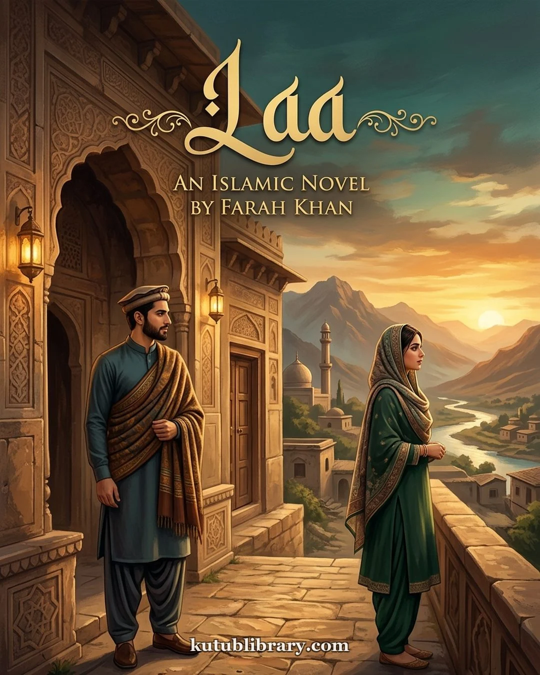 Laa Urdu novel by Fatima Noor, cover art showing Sanaan and the heroine standing outside an old doorway